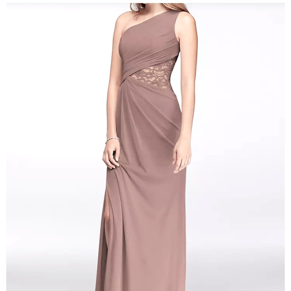 Gently used David's Bridal One-Shoulder light purple/pink dress with lace inset.